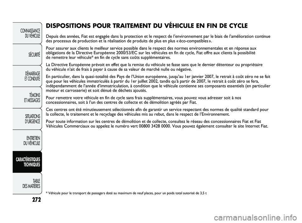 FIAT DUCATO 2009 Notice dentretien (in French) 272
CONNAISSANCE
DU VÉHICULE
SÉCURITÉ
DÉMARRAGE
ET CONDUITE
TÉMOINS
ET MESSAGES
SITUATIONS
D’URGENCE
ENTRETIEN
DU VÉHICULE
CARACTÉRISTIQUES
TECHNIQUES
TABLE
DES MATIÈRES
DISPOSITIONS POU FIAT DUCATO 2009 Notice dentretien (in French) 272
CONNAISSANCE
DU VÉHICULE
SÉCURITÉ
DÉMARRAGE
ET CONDUITE
TÉMOINS
ET MESSAGES
SITUATIONS
D’URGENCE
ENTRETIEN
DU VÉHICULE
CARACTÉRISTIQUES
TECHNIQUES
TABLE
DES MATIÈRES
DISPOSITIONS POU