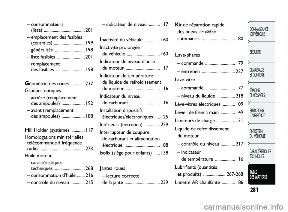 FIAT DUCATO 2010  Notice dentretien (in French) 281
CONNAISSANCE
DU VÉHICULE
SÉCURITÉ
DÉMARRAGE 
ET CONDUITE
TÉMOINS 
ET MESSAGES
SITUATIONS
D’URGENCE
ENTRETIEN 
DU VÉHICULE
CARACTÉRISTIQUES
TECHNIQUES
TABLE 
DES MATIÈRES
– consommateur