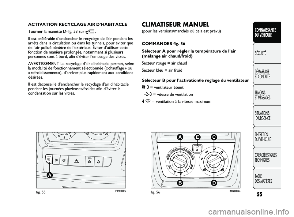 FIAT DUCATO 2010  Notice dentretien (in French) 55
SICUREZZA
AVVIAMENTO
E GUIDA
SPIE E
MESSAGGI
IN EMERGENZA
MANUTENZIONE
E CURA
DATI TECNICI
INDICE
CONNAISSANCE
DU VÉHICULE
SÉCURITÉ
DÉMARRAGE 
ET CONDUITE
TÉMOINS 
ET MESSAGES
SITUATIONS
D’U