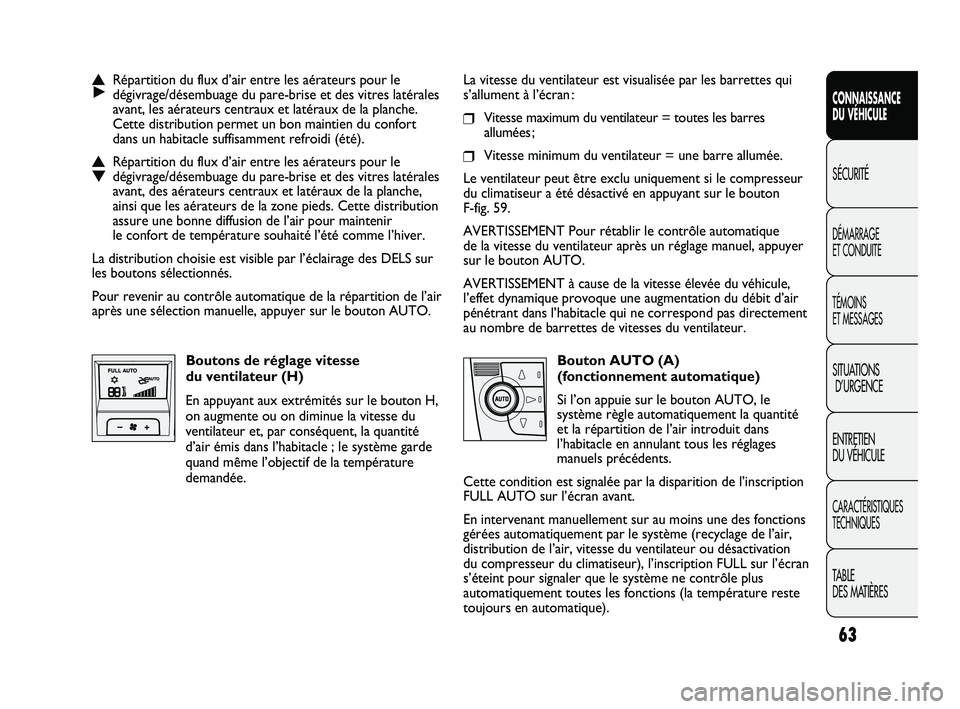 FIAT DUCATO 2010  Notice dentretien (in French) 63
SICUREZZA
AVVIAMENTO
E GUIDA
SPIE E
MESSAGGI
IN EMERGENZA
MANUTENZIONE
E CURA
DATI TECNICI
INDICE
CONNAISSANCE
DU VÉHICULE
SÉCURITÉ
DÉMARRAGE 
ET CONDUITE
TÉMOINS 
ET MESSAGES
SITUATIONS
D’U