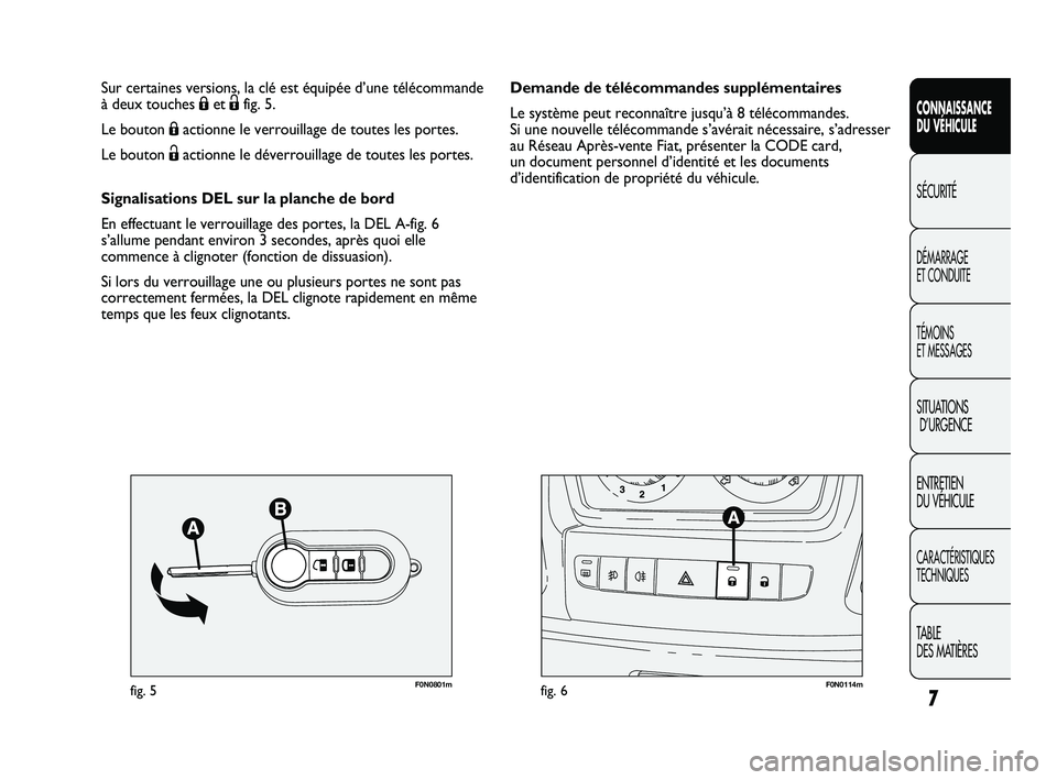 FIAT DUCATO 2010  Notice dentretien (in French) 7
CONNAISSANCE
DU VÉHICULE
SÉCURITÉ
DÉMARRAGE 
ET CONDUITE
TÉMOINS 
ET MESSAGES
SITUATIONS
D’URGENCE
ENTRETIEN 
DU VÉHICULE
CARACTÉRISTIQUES
TECHNIQUES
TABLE 
DES MATIÈRES
F0N0801mfig. 5F0N0