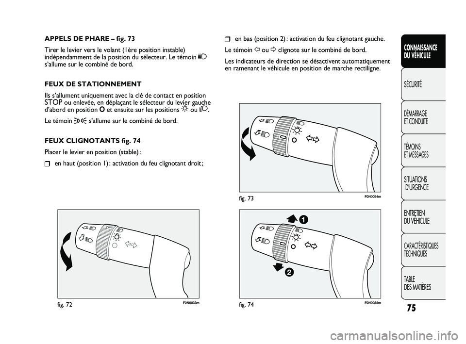 FIAT DUCATO 2010 Notice dentretien (in French) 75
SICUREZZA
AVVIAMENTO
E GUIDA
SPIE E
MESSAGGI
IN EMERGENZA
MANUTENZIONE
E CURA
DATI TECNICI
INDICE
F0N0033mfig. 72
F0N0034mfig. 73
❒en bas (position 2) : activation du feu clignotant gauche.
Le t FIAT DUCATO 2010 Notice dentretien (in French) 75
SICUREZZA
AVVIAMENTO
E GUIDA
SPIE E
MESSAGGI
IN EMERGENZA
MANUTENZIONE
E CURA
DATI TECNICI
INDICE
F0N0033mfig. 72
F0N0034mfig. 73
❒en bas (position 2) : activation du feu clignotant gauche.
Le t