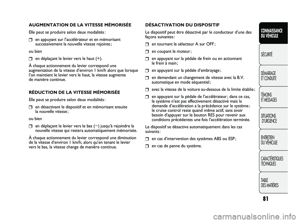 FIAT DUCATO 2010  Notice dentretien (in French) 81
SICUREZZA
AVVIAMENTO
E GUIDA
SPIE E
MESSAGGI
IN EMERGENZA
MANUTENZIONE
E CURA
DATI TECNICI
INDICE
AUGMENTATION DE LA VITESSE MÉMORISÉE
Elle peut se produire selon deux modalités :
❒en appuyant