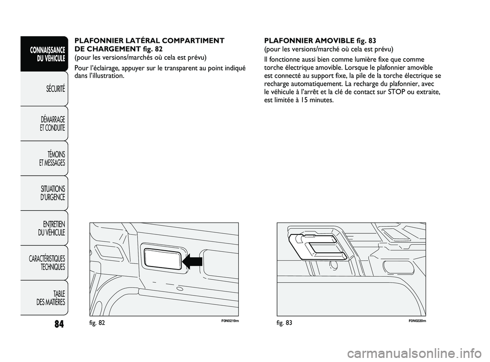 FIAT DUCATO 2009 Notice dentretien (in French) 84
SICUREZZA
AVVIAMENTO
E GUIDA
SPIE E
MESSAGGI
IN EMERGENZA
MANUTENZIONE
E CURA
DATI TECNICI
INDICE
F0N0220mfig. 83F0N0219mfig. 82
PLAFONNIER AMOVIBLE fig. 83
(pour les versions/marché où cela est FIAT DUCATO 2009 Notice dentretien (in French) 84
SICUREZZA
AVVIAMENTO
E GUIDA
SPIE E
MESSAGGI
IN EMERGENZA
MANUTENZIONE
E CURA
DATI TECNICI
INDICE
F0N0220mfig. 83F0N0219mfig. 82
PLAFONNIER AMOVIBLE fig. 83
(pour les versions/marché où cela est