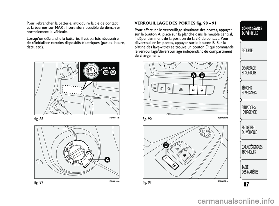FIAT DUCATO 2009 Notice dentretien (in French) 87
SICUREZZA
AVVIAMENTO
E GUIDA
SPIE E
MESSAGGI
IN EMERGENZA
MANUTENZIONE
E CURA
DATI TECNICI
INDICE
F0N0811mfig. 88
F0N0810mfig. 89F0N0132mfig. 91
F0N0047mfig. 90
VERROUILLAGE DES PORTES fig. 90 – FIAT DUCATO 2009 Notice dentretien (in French) 87
SICUREZZA
AVVIAMENTO
E GUIDA
SPIE E
MESSAGGI
IN EMERGENZA
MANUTENZIONE
E CURA
DATI TECNICI
INDICE
F0N0811mfig. 88
F0N0810mfig. 89F0N0132mfig. 91
F0N0047mfig. 90
VERROUILLAGE DES PORTES fig. 90 –
