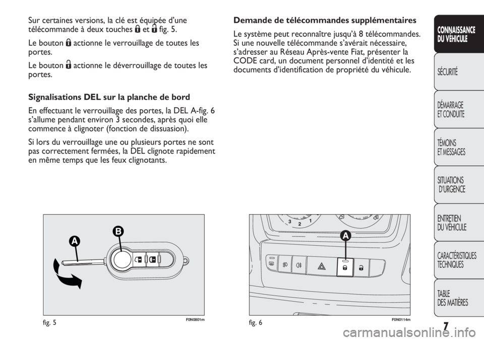 FIAT DUCATO 2011  Notice dentretien (in French) 7
CONNAISSANCE
DU VÉHICULE
SÉCURITÉ
DÉMARRAGE
ET CONDUITE
TÉMOINS
ET MESSAGES
SITUATIONS
D’URGENCE
ENTRETIEN
DU VÉHICULE
CARACTÉRISTIQUES
TECHNIQUES
TABLE 
DES MATIÈRES
F0N0801mfig. 5F0N0114