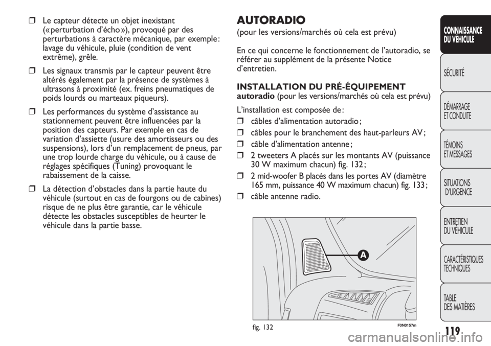 FIAT DUCATO 2011 Notice dentretien (in French) 119
SICUREZZA
AVVIAMENTO
E GUIDA
SPIE E
MESSAGGI
IN EMERGENZA
MANUTENZIONE
E CURA
DATI TECNICI
INDICE
F0N0157mfig. 132
AUTORADIO
(pour les versions/marchés où cela est prévu)
En ce qui concerne le FIAT DUCATO 2011 Notice dentretien (in French) 119
SICUREZZA
AVVIAMENTO
E GUIDA
SPIE E
MESSAGGI
IN EMERGENZA
MANUTENZIONE
E CURA
DATI TECNICI
INDICE
F0N0157mfig. 132
AUTORADIO
(pour les versions/marchés où cela est prévu)
En ce qui concerne le