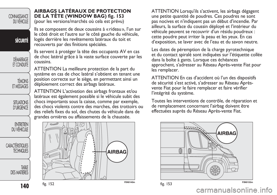 FIAT DUCATO 2011  Notice dentretien (in French) 140
F0N0140mfig. 152F0N0133mfig. 153
ATTENTION Lorsqu’ils s’activent, les airbags dégagent
une petite quantité de poudres. Ces poudres ne sont
pas nocives et n’indiquent pas un début d’ince