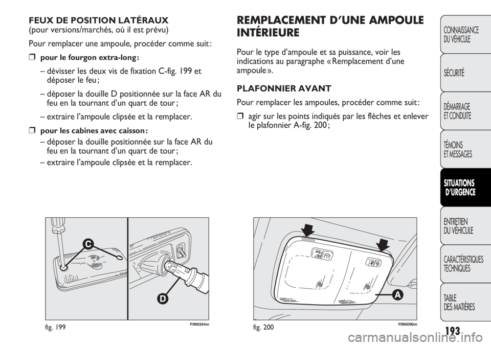 FIAT DUCATO 2011 Notice dentretien (in French) 193
CONNAISSANCE
DU VÉHICULE
SÉCURITÉ
DÉMARRAGE
ET CONDUITE
TÉMOINS
ET MESSAGES
SITUATIONS
D’URGENCE
ENTRETIEN
DU VÉHICULE
CARACTÉRISTIQUES
TECHNIQUES
TABLE
DES MATIÈRES
F0N0244mfig. 199
RE FIAT DUCATO 2011 Notice dentretien (in French) 193
CONNAISSANCE
DU VÉHICULE
SÉCURITÉ
DÉMARRAGE
ET CONDUITE
TÉMOINS
ET MESSAGES
SITUATIONS
D’URGENCE
ENTRETIEN
DU VÉHICULE
CARACTÉRISTIQUES
TECHNIQUES
TABLE
DES MATIÈRES
F0N0244mfig. 199
RE