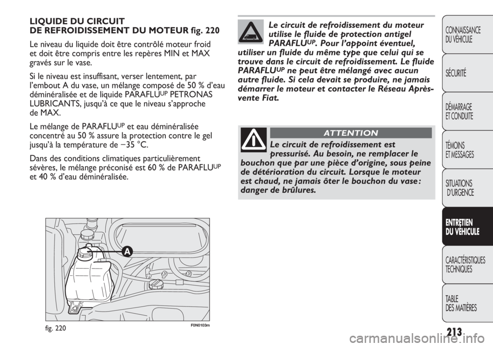 FIAT DUCATO 2011 Notice dentretien (in French) 213
CONNAISSANCE
DU VÉHICULE
SÉCURITÉ
DÉMARRAGE
ET CONDUITE
TÉMOINS
ET MESSAGES
SITUATIONS
D’URGENCE
ENTRETIEN
DU VÉHICULE
CARACTÉRISTIQUES
TECHNIQUES
TABLE
DES MATIÈRES
F0N0103mfig. 220
LI FIAT DUCATO 2011 Notice dentretien (in French) 213
CONNAISSANCE
DU VÉHICULE
SÉCURITÉ
DÉMARRAGE
ET CONDUITE
TÉMOINS
ET MESSAGES
SITUATIONS
D’URGENCE
ENTRETIEN
DU VÉHICULE
CARACTÉRISTIQUES
TECHNIQUES
TABLE
DES MATIÈRES
F0N0103mfig. 220
LI