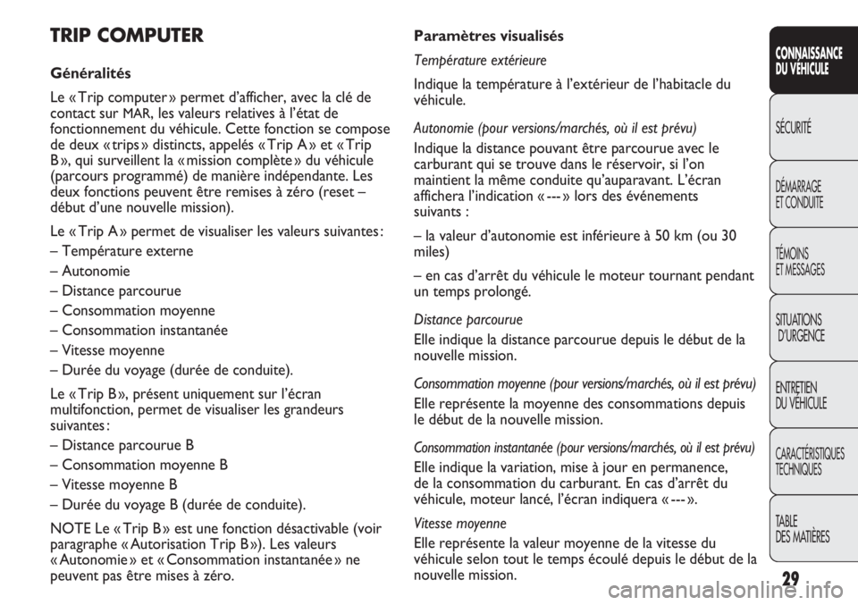 FIAT DUCATO 2011 Notice dentretien (in French) 29
CONNAISSANCE
DU VÉHICULE
SÉCURITÉ
DÉMARRAGE
ET CONDUITE
TÉMOINS
ET MESSAGES
SITUATIONS
D’URGENCE
ENTRETIEN
DU VÉHICULE
CARACTÉRISTIQUES
TECHNIQUES
TABLE
DES MATIÈRES
Paramètres visualis FIAT DUCATO 2011 Notice dentretien (in French) 29
CONNAISSANCE
DU VÉHICULE
SÉCURITÉ
DÉMARRAGE
ET CONDUITE
TÉMOINS
ET MESSAGES
SITUATIONS
D’URGENCE
ENTRETIEN
DU VÉHICULE
CARACTÉRISTIQUES
TECHNIQUES
TABLE
DES MATIÈRES
Paramètres visualis