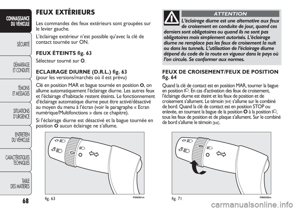 FIAT DUCATO 2011  Notice dentretien (in French) 68
SICUREZZA
AVVIAMENTO
E GUIDA
SPIE E
MESSAGGI
IN EMERGENZA
MANUTENZIONE
E CURA
DATI TECNICI
INDICE
F0N0501mfig. 63F0N0502mfig. 71
FEUX DE CROISEMENT/FEUX DE POSITION
fig. 64
Quand la clé de contact