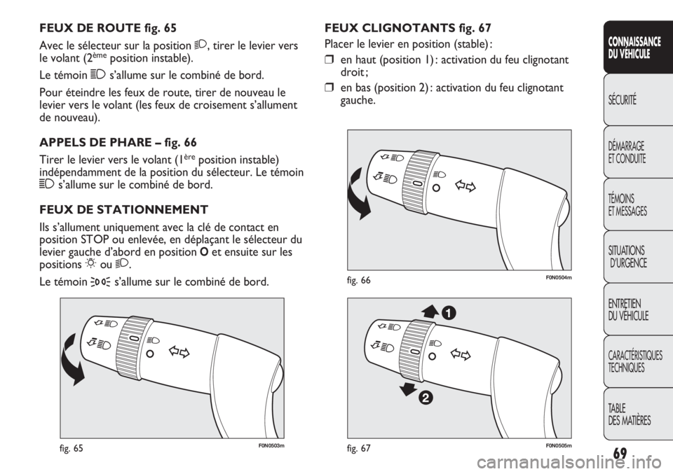 FIAT DUCATO 2011  Notice dentretien (in French) 69
SICUREZZA
AVVIAMENTO
E GUIDA
SPIE E
MESSAGGI
IN EMERGENZA
MANUTENZIONE
E CURA
DATI TECNICI
INDICE
F0N0503mfig. 65
F0N0504mfig. 66
FEUX CLIGNOTANTS fig. 67
Placer le levier en position (stable) :

