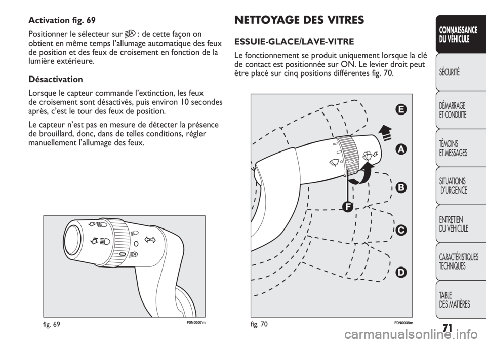 FIAT DUCATO 2011  Notice dentretien (in French) 71
SICUREZZA
AVVIAMENTO
E GUIDA
SPIE E
MESSAGGI
IN EMERGENZA
MANUTENZIONE
E CURA
DATI TECNICI
INDICE
F0N0507mfig. 69
NETTOYAGE DES VITRES
ESSUIE-GLACE/LAVE-VITRE 
Le fonctionnement se produit uniqueme
