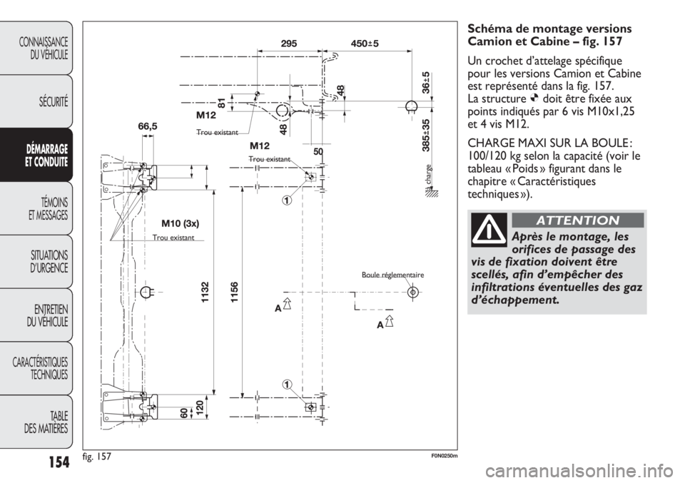 FIAT DUCATO 2013  Notice dentretien (in French) 154
CONNAISSANCE
DU VÉHICULE
SÉCURITÉ
DÉMARRAGE 
ET CONDUITE
TÉMOINS 
ET MESSAGES
SITUATIONS
D’URGENCE
ENTRETIEN 
DU VÉHICULE
CARACTÉRISTIQUES
TECHNIQUES
TABLE 
DES MATIÈRES
Schéma de monta