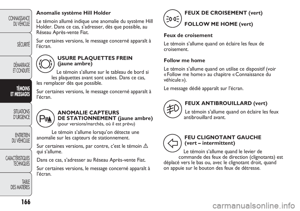 FIAT DUCATO 2013  Notice dentretien (in French) 166
CONNAISSANCE
DU VÉHICULE
SÉCURITÉ
DÉMARRAGE
ET CONDUITE
TÉMOINS
ET MESSAGES
SITUATIONS
D’URGENCE
ENTRETIEN
DU VÉHICULE
CARACTÉRISTIQUES
TECHNIQUES
TABLE 
DES MATIÈRES
USURE PLAQUETTES FR