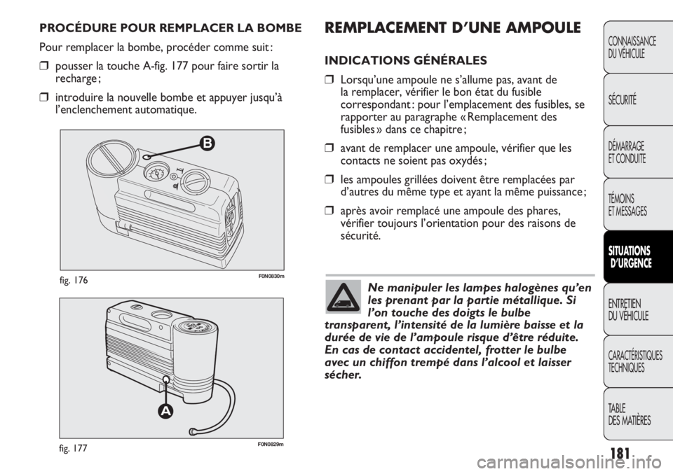 FIAT DUCATO 2013  Notice dentretien (in French) 181
B
F0N0830mfig. 176
F0N0829mfig. 177
REMPLACEMENT D’UNE AMPOULE
INDICATIONS GÉNÉRALES
❒Lorsqu’une ampoule ne s’allume pas, avant de 
la remplacer, vérifier le bon état du fusible
corres