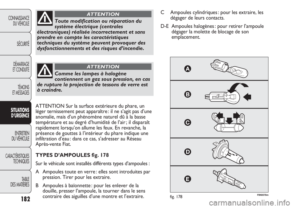 FIAT DUCATO 2013  Notice dentretien (in French) 182
F0N0078mfig. 178
Toute modification ou réparation du
système électrique (centrales
électroniques) réalisée incorrectement et sans
prendre en compte les caractéristiques
techniques du systè