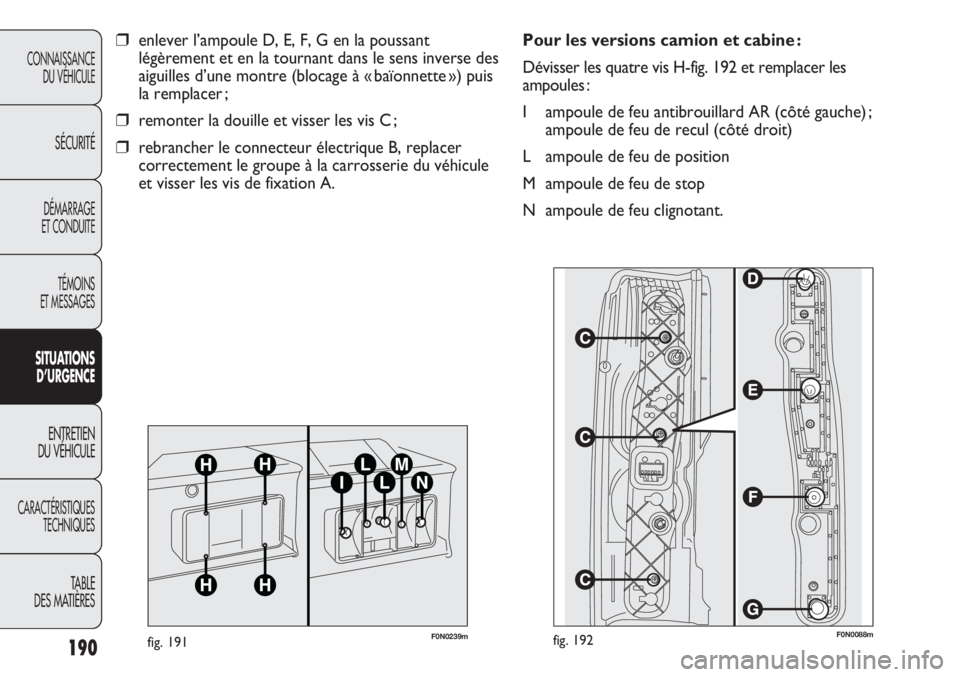 FIAT DUCATO 2013 Notice dentretien (in French) 190
Pour les versions camion et cabine :
Dévisser les quatre vis H-fig. 192 et remplacer les
ampoules :
I ampoule de feu antibrouillard AR (côté gauche) ;
ampoule de feu de recul (côté droit)
L FIAT DUCATO 2013 Notice dentretien (in French) 190
Pour les versions camion et cabine :
Dévisser les quatre vis H-fig. 192 et remplacer les
ampoules :
I ampoule de feu antibrouillard AR (côté gauche) ;
ampoule de feu de recul (côté droit)
L