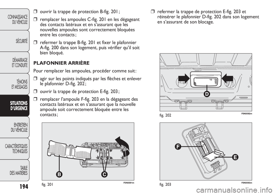FIAT DUCATO 2013 Notice dentretien (in French) 194
CONNAISSANCE
DU VÉHICULE
SÉCURITÉ
DÉMARRAGE
ET CONDUITE
TÉMOINS
ET MESSAGES
SITUATIONS
D’URGENCE
ENTRETIEN
DU VÉHICULE
CARACTÉRISTIQUES
TECHNIQUES
TABLE
DES MATIÈRES
F0N0091mfig. 201
FIAT DUCATO 2013 Notice dentretien (in French) 194
CONNAISSANCE
DU VÉHICULE
SÉCURITÉ
DÉMARRAGE
ET CONDUITE
TÉMOINS
ET MESSAGES
SITUATIONS
D’URGENCE
ENTRETIEN
DU VÉHICULE
CARACTÉRISTIQUES
TECHNIQUES
TABLE
DES MATIÈRES
F0N0091mfig. 201