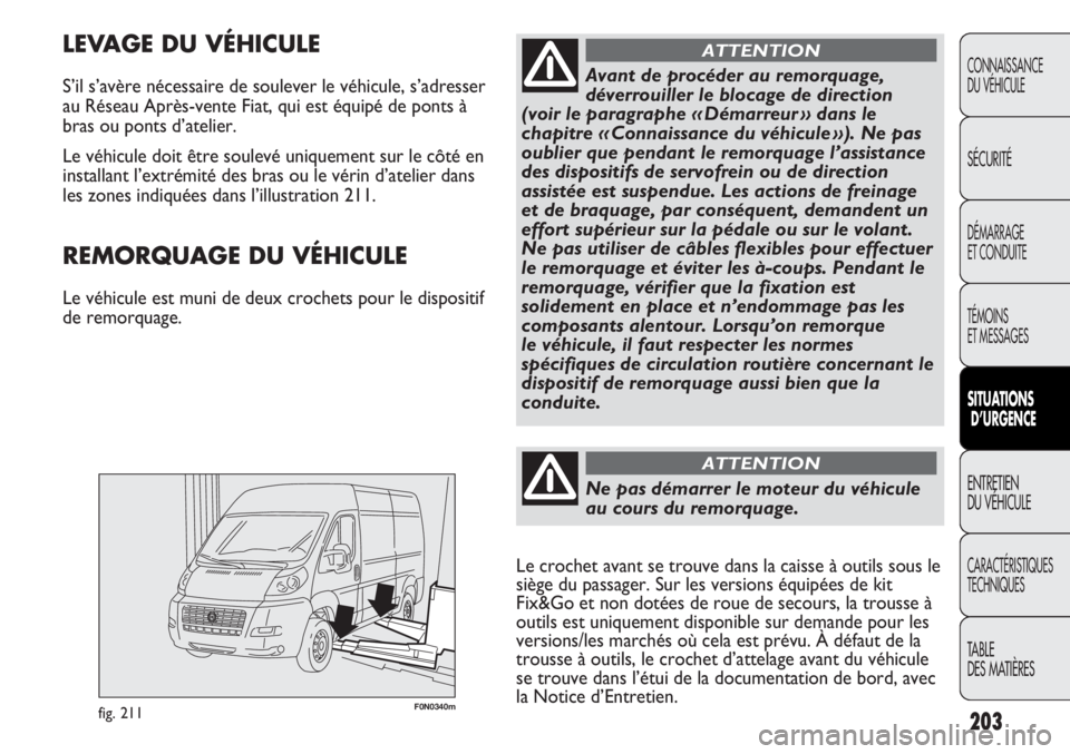 FIAT DUCATO 2013  Notice dentretien (in French) 203
F0N0340mfig. 211
LEVAGE DU VÉHICULE
S’il s’avère nécessaire de soulever le véhicule, s’adresser 
au Réseau Après-vente Fiat, qui est équipé de ponts à
bras ou ponts d’atelier. 
Le