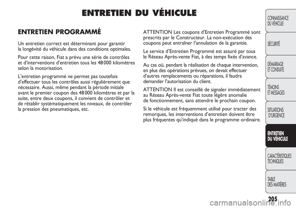 FIAT DUCATO 2013  Notice dentretien (in French) 205
CONNAISSANCE
DU VÉHICULE
SÉCURITÉ
DÉMARRAGE
ET CONDUITE
TÉMOINS
ET MESSAGES
SITUATIONS
D’URGENCE
ENTRETIEN
DU VÉHICULE
CARACTÉRISTIQUES
TECHNIQUES
TABLE 
DES MATIÈRES
ENTRETIEN DU VÉHIC