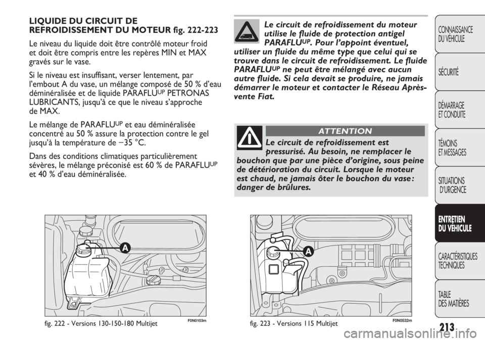 FIAT DUCATO 2013  Notice dentretien (in French) 213
CONNAISSANCE
DU VÉHICULE
SÉCURITÉ
DÉMARRAGE
ET CONDUITE
TÉMOINS
ET MESSAGES
SITUATIONS
D’URGENCE
ENTRETIEN
DU VÉHICULE
CARACTÉRISTIQUES
TECHNIQUES
TABLE 
DES MATIÈRES
F0N0103mfig. 222  -
