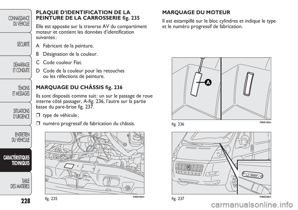 FIAT DUCATO 2013 Notice dentretien (in French) 228
F0N0160mfig. 235F0N0338mfig. 237
F0N0162mfig. 236
MARQUAGE DU MOTEUR
Il est estampillé sur le bloc cylindres et indique le type
et le numéro progressif de fabrication. PLAQUE D’IDENTIFICATION FIAT DUCATO 2013 Notice dentretien (in French) 228
F0N0160mfig. 235F0N0338mfig. 237
F0N0162mfig. 236
MARQUAGE DU MOTEUR
Il est estampillé sur le bloc cylindres et indique le type
et le numéro progressif de fabrication. PLAQUE D’IDENTIFICATION