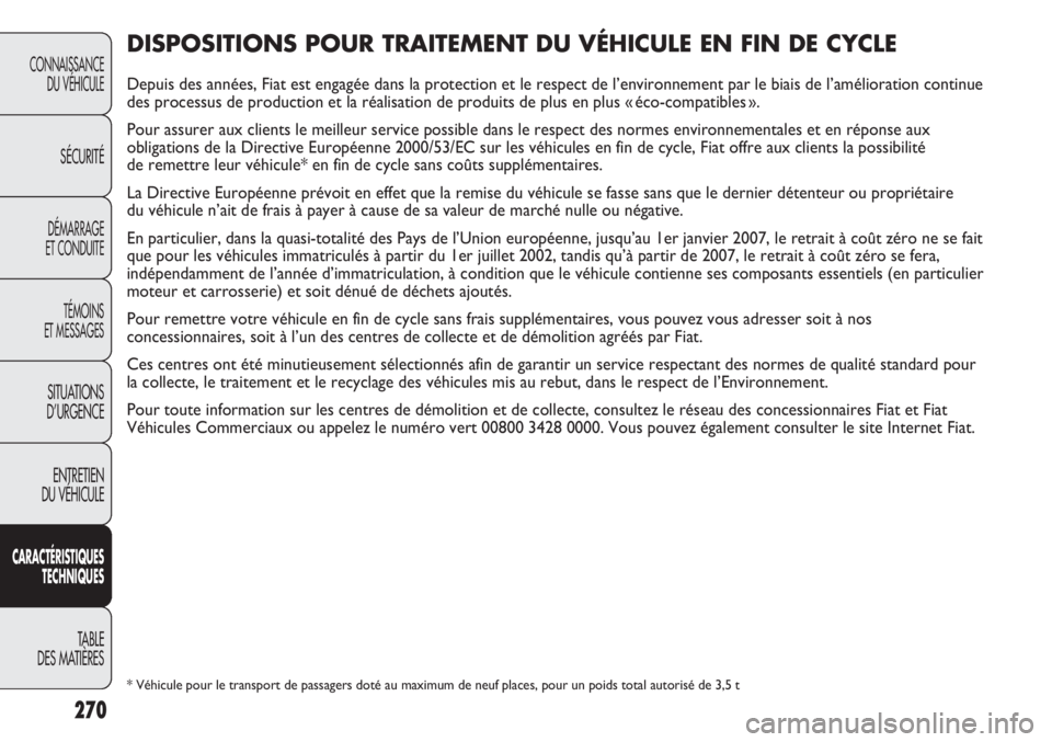 FIAT DUCATO 2013  Notice dentretien (in French) 270
CONNAISSANCE
DU VÉHICULE
SÉCURITÉ
DÉMARRAGE
ET CONDUITE
TÉMOINS
ET MESSAGES
SITUATIONS
D’URGENCE
ENTRETIEN
DU VÉHICULE
CARACTÉRISTIQUES
TECHNIQUES
TABLE 
DES MATIÈRES
DISPOSITIONS POUR T