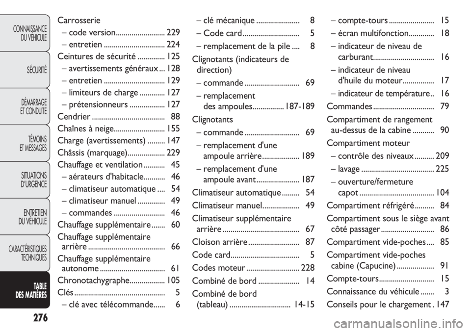 FIAT DUCATO 2013  Notice dentretien (in French) 276
CONNAISSANCE
DU VÉHICULE
SÉCURITÉ
DÉMARRAGE
ET CONDUITE
TÉMOINS
ET MESSAGES
SITUATIONS
D’URGENCE
ENTRETIEN
DU VÉHICULE
CARACTÉRISTIQUES
TECHNIQUES
TABLE 
DES MATIÈRES
Carrosserie
– cod