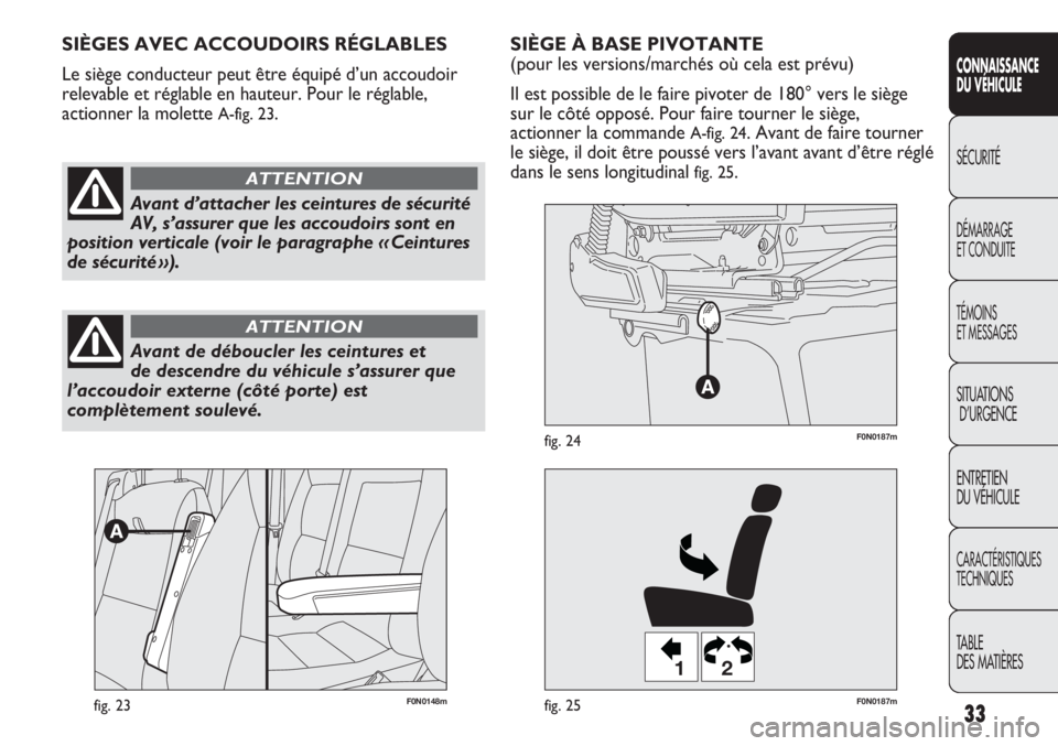 FIAT DUCATO 2012  Notice dentretien (in French) 33
SICUREZZA
AVVIAMENTO
E GUIDA
SPIE E
MESSAGGI
IN EMERGENZA
MANUTENZIONE
E CURA
DATI TECNICI
INDICE
CONNAISSANCE
DU VÉHICULE
SÉCURITÉ
DÉMARRAGE
ET CONDUITE
TÉMOINS
ET MESSAGES
SITUATIONS
D’URG