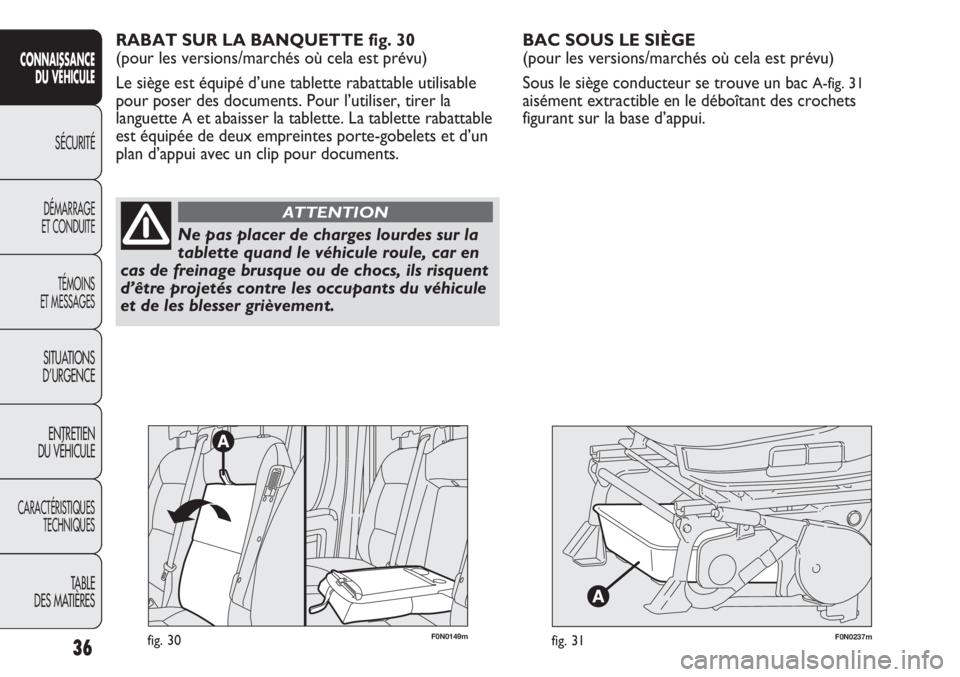 FIAT DUCATO 2012  Notice dentretien (in French) F0N0237mfig. 31
BAC SOUS LE SIÈGE 
(pour les versions/marchés où cela est prévu)
Sous le siège conducteur se trouve un bac 
A-fig. 31
aisément extractible en le déboîtant des crochets
figurant