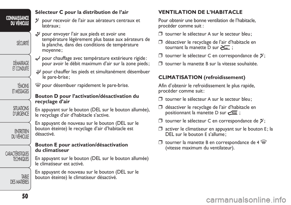 FIAT DUCATO 2013 Notice dentretien (in French) 50
Sélecteur C pour la distribution de l’air
¶pour recevoir de l’air aux aérateurs centraux et
latéraux ;
ßpour envoyer l’air aux pieds et avoir une
température légèrement plus basse au FIAT DUCATO 2013 Notice dentretien (in French) 50
Sélecteur C pour la distribution de l’air
¶pour recevoir de l’air aux aérateurs centraux et
latéraux ;
ßpour envoyer l’air aux pieds et avoir une
température légèrement plus basse au