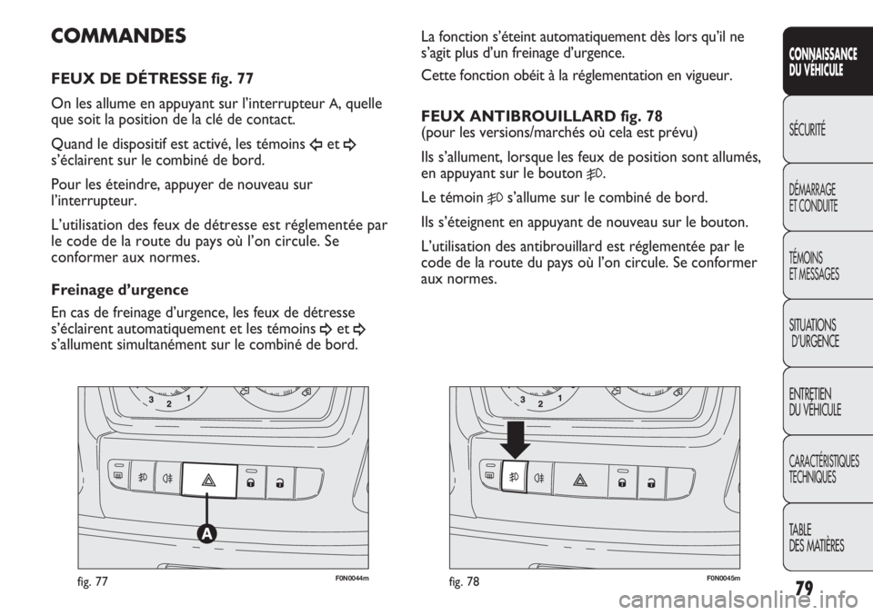 FIAT DUCATO 2013  Notice dentretien (in French) 79
SICUREZZA
AVVIAMENTO
E GUIDA
SPIE E
MESSAGGI
IN EMERGENZA
MANUTENZIONE
E CURA
DATI TECNICI
INDICE
F0N0044mfig. 77F0N0045mfig. 78
La fonction s’éteint automatiquement dès lors qu’il ne
s’agi