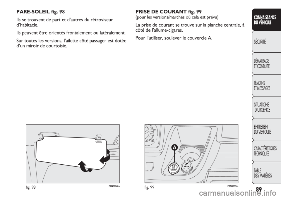 FIAT DUCATO 2013  Notice dentretien (in French) 89
SICUREZZA
AVVIAMENTO
E GUIDA
SPIE E
MESSAGGI
IN EMERGENZA
MANUTENZIONE
E CURA
DATI TECNICI
INDICE
F0N0057mfig. 99F0N0056mfig. 98
PARE-SOLEIL fig. 98
Ils se trouvent de part et d’autres du rétrov
