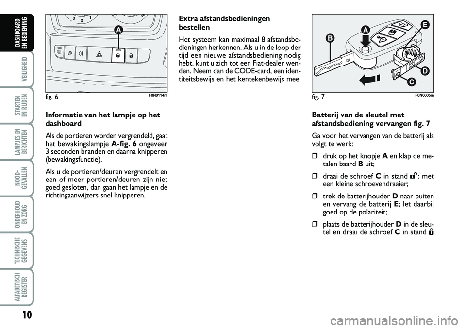 FIAT DUCATO 2007 Instructieboek (in Dutch) 10
VEILIGHEID
STARTEN
EN RIJDEN
LAMPJES EN
BERICHTEN
NOOD-
GEVALLEN
ONDERHOUD
EN ZORG
TECHNISCHE
GEGEVENS
ALFABETISCH
REGISTER
DASHBOARD
EN BEDIENING
Batterij van de sleutel met
afstandsbediening FIAT DUCATO 2007 Instructieboek (in Dutch) 10
VEILIGHEID
STARTEN
EN RIJDEN
LAMPJES EN
BERICHTEN
NOOD-
GEVALLEN
ONDERHOUD
EN ZORG
TECHNISCHE
GEGEVENS
ALFABETISCH
REGISTER
DASHBOARD
EN BEDIENING
Batterij van de sleutel met
afstandsbediening