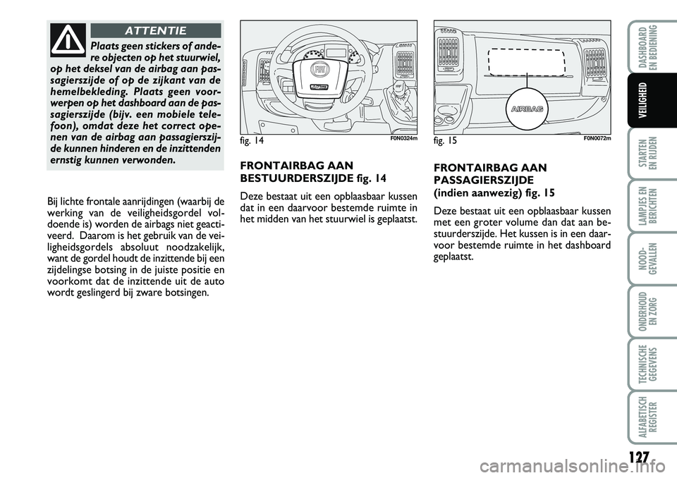 FIAT DUCATO 2007 Instructieboek (in Dutch) 127
STARTEN
EN RIJDEN
LAMPJES EN
BERICHTEN
NOOD-
GEVALLEN
ONDERHOUD
EN ZORG
TECHNISCHE
GEGEVENS
ALFABETISCH
REGISTER
DASHBOARD
EN BEDIENING
VEILIGHEID
FRONTAIRBAG AAN
PASSAGIERSZIJDE
(indien aanwe FIAT DUCATO 2007 Instructieboek (in Dutch) 127
STARTEN
EN RIJDEN
LAMPJES EN
BERICHTEN
NOOD-
GEVALLEN
ONDERHOUD
EN ZORG
TECHNISCHE
GEGEVENS
ALFABETISCH
REGISTER
DASHBOARD
EN BEDIENING
VEILIGHEID
FRONTAIRBAG AAN
PASSAGIERSZIJDE
(indien aanwe