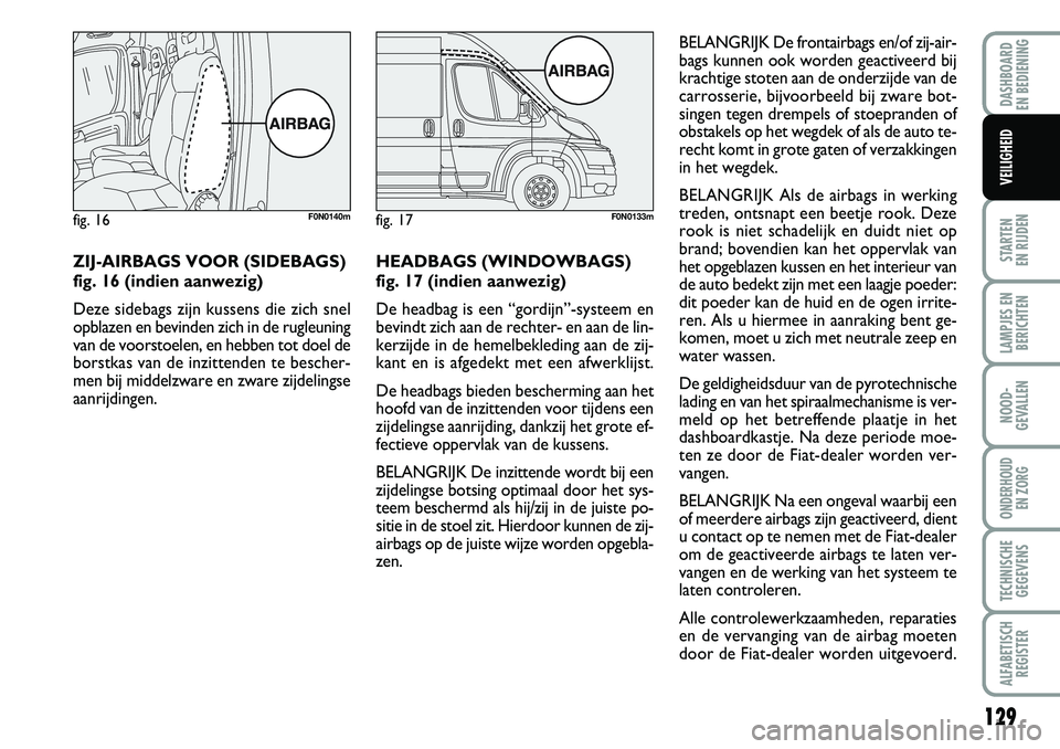 FIAT DUCATO 2007  Instructieboek (in Dutch) 129
STARTEN 
EN RIJDEN
LAMPJES EN
BERICHTEN
NOOD-
GEVALLEN
ONDERHOUD 
EN ZORG
TECHNISCHE
GEGEVENS
ALFABETISCH
REGISTER
DASHBOARD 
EN BEDIENING
VEILIGHEID
ZIJ-AIRBAGS VOOR (SIDEBAGS) 
fig. 16 (indien a