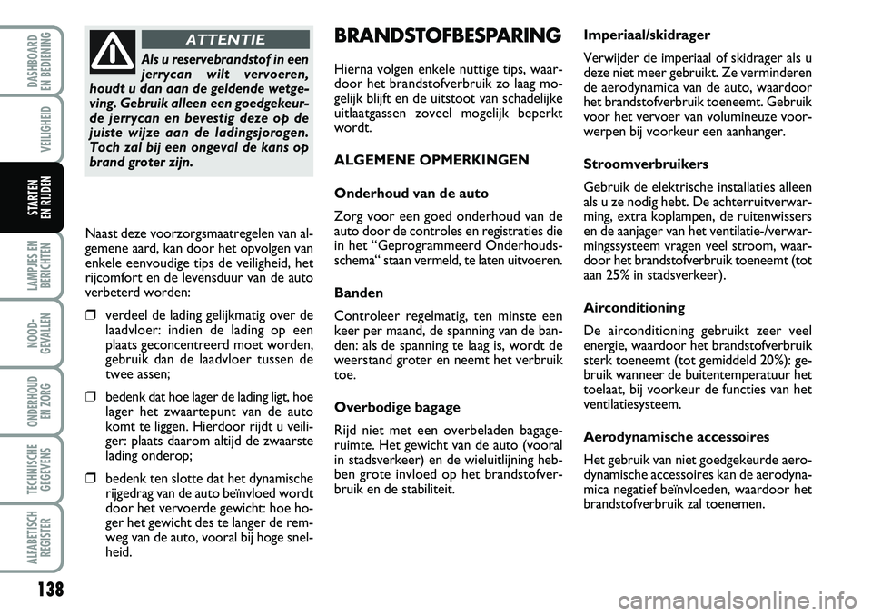 FIAT DUCATO 2008 Instructieboek (in Dutch) 138
LAMPJES EN
BERICHTEN
NOOD-
GEVALLEN
ONDERHOUD
EN ZORG
TECHNISCHE
GEGEVENS
ALFABETISCH
REGISTER
DASHBOARD
EN BEDIENING
VEILIGHEID
STARTEN
EN RIJDEN
BRANDSTOFBESPARING
Hierna volgen enkele nutti FIAT DUCATO 2008 Instructieboek (in Dutch) 138
LAMPJES EN
BERICHTEN
NOOD-
GEVALLEN
ONDERHOUD
EN ZORG
TECHNISCHE
GEGEVENS
ALFABETISCH
REGISTER
DASHBOARD
EN BEDIENING
VEILIGHEID
STARTEN
EN RIJDEN
BRANDSTOFBESPARING
Hierna volgen enkele nutti