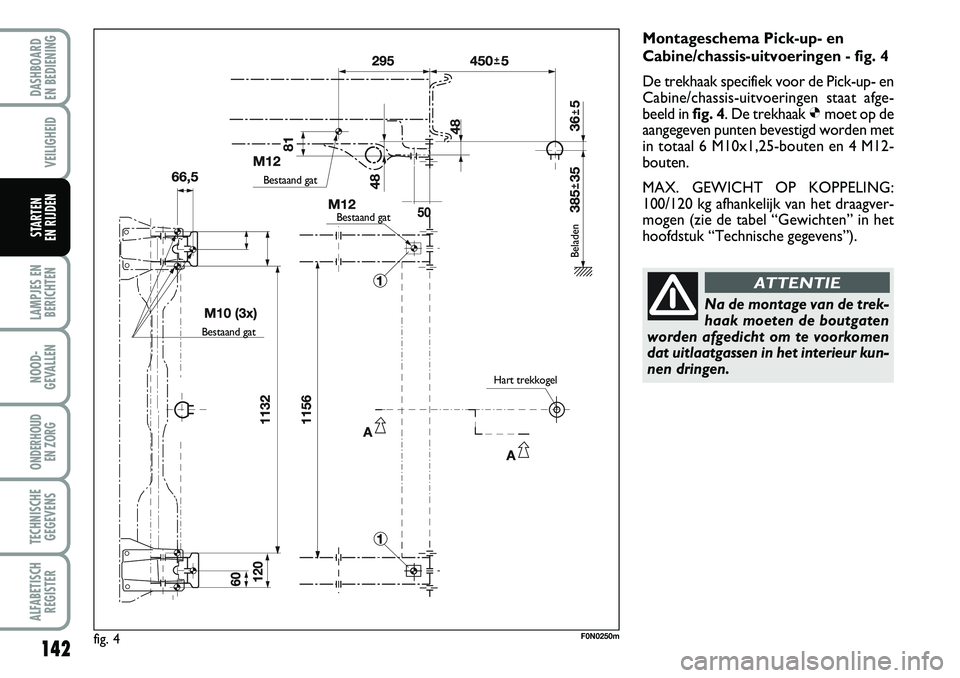 FIAT DUCATO 2007 Instructieboek (in Dutch) 142
LAMPJES EN
BERICHTEN
NOOD-
GEVALLEN
ONDERHOUD
EN ZORG
TECHNISCHE
GEGEVENS
ALFABETISCH
REGISTER
DASHBOARD
EN BEDIENING
VEILIGHEID
STARTEN
EN RIJDEN
fig. 4F0N0250m
Montageschema Pick-up- en
Cabi FIAT DUCATO 2007 Instructieboek (in Dutch) 142
LAMPJES EN
BERICHTEN
NOOD-
GEVALLEN
ONDERHOUD
EN ZORG
TECHNISCHE
GEGEVENS
ALFABETISCH
REGISTER
DASHBOARD
EN BEDIENING
VEILIGHEID
STARTEN
EN RIJDEN
fig. 4F0N0250m
Montageschema Pick-up- en
Cabi