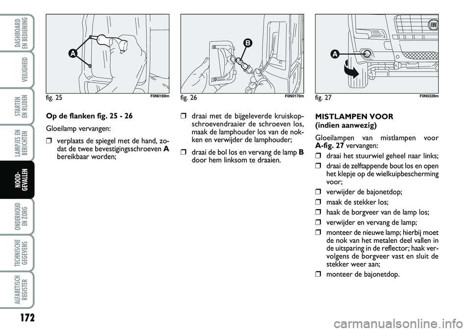 FIAT DUCATO 2007 Instructieboek (in Dutch) 172
LAMPJES EN
BERICHTEN
ONDERHOUD
EN ZORG
TECHNISCHE
GEGEVENS
ALFABETISCH
REGISTER
DASHBOARD
EN BEDIENING
VEILIGHEID
STARTEN
EN RIJDEN
NOOD-
GEVALLEN
Op de flanken fig. 25 - 26
Gloeilamp vervange FIAT DUCATO 2007 Instructieboek (in Dutch) 172
LAMPJES EN
BERICHTEN
ONDERHOUD
EN ZORG
TECHNISCHE
GEGEVENS
ALFABETISCH
REGISTER
DASHBOARD
EN BEDIENING
VEILIGHEID
STARTEN
EN RIJDEN
NOOD-
GEVALLEN
Op de flanken fig. 25 - 26
Gloeilamp vervange