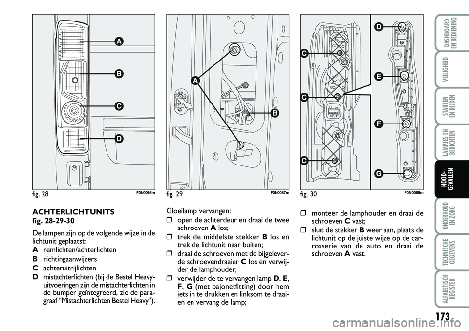 FIAT DUCATO 2007 Instructieboek (in Dutch) 173
LAMPJES EN
BERICHTEN
ONDERHOUD
EN ZORG
TECHNISCHE
GEGEVENS
ALFABETISCH
REGISTER
DASHBOARD
EN BEDIENING
VEILIGHEID
STARTEN
EN RIJDEN
NOOD-
GEVALLEN
ACHTERLICHTUNITS
fig. 28-29-30
De lampen zijn FIAT DUCATO 2007 Instructieboek (in Dutch) 173
LAMPJES EN
BERICHTEN
ONDERHOUD
EN ZORG
TECHNISCHE
GEGEVENS
ALFABETISCH
REGISTER
DASHBOARD
EN BEDIENING
VEILIGHEID
STARTEN
EN RIJDEN
NOOD-
GEVALLEN
ACHTERLICHTUNITS
fig. 28-29-30
De lampen zijn