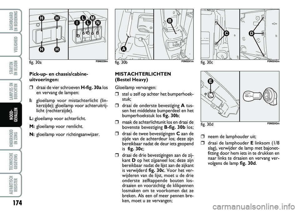 FIAT DUCATO 2007 Instructieboek (in Dutch) 174
LAMPJES EN
BERICHTEN
ONDERHOUD
EN ZORG
TECHNISCHE
GEGEVENS
ALFABETISCH
REGISTER
DASHBOARD
EN BEDIENING
VEILIGHEID
STARTEN
EN RIJDEN
NOOD-
GEVALLEN
fig. 30aF0N0239m
Pick-up- en chassis/cabine-
FIAT DUCATO 2007 Instructieboek (in Dutch) 174
LAMPJES EN
BERICHTEN
ONDERHOUD
EN ZORG
TECHNISCHE
GEGEVENS
ALFABETISCH
REGISTER
DASHBOARD
EN BEDIENING
VEILIGHEID
STARTEN
EN RIJDEN
NOOD-
GEVALLEN
fig. 30aF0N0239m
Pick-up- en chassis/cabine-