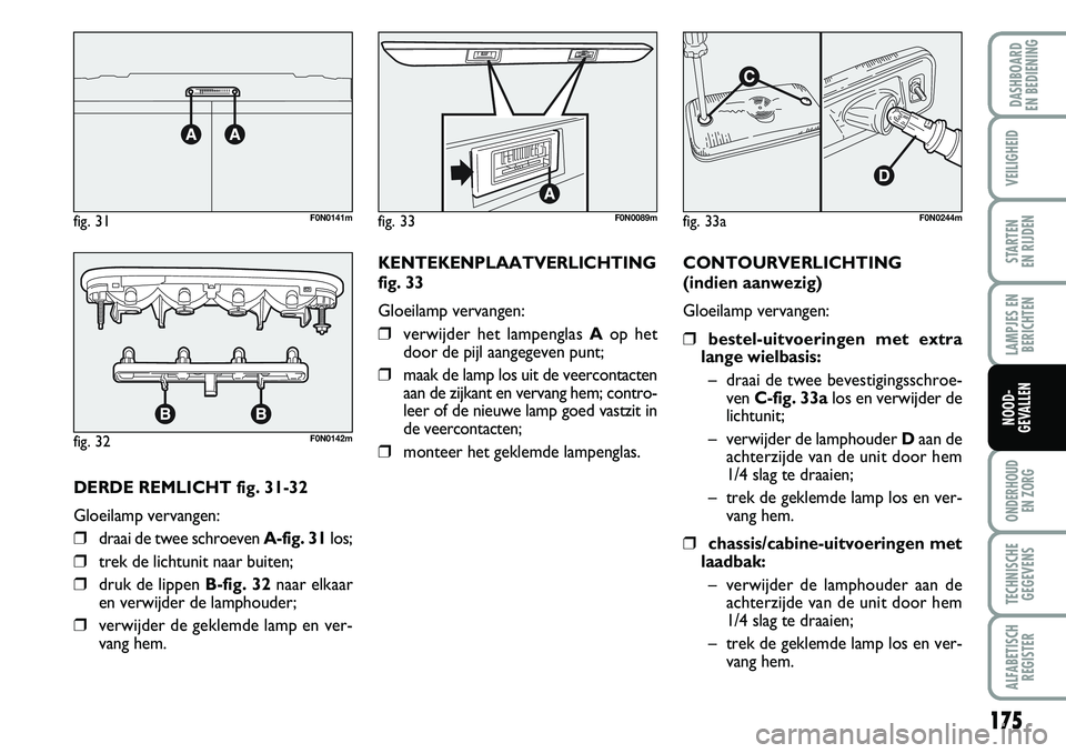 FIAT DUCATO 2007 Instructieboek (in Dutch) 175
LAMPJES EN
BERICHTEN
ONDERHOUD
EN ZORG
TECHNISCHE
GEGEVENS
ALFABETISCH
REGISTER
DASHBOARD
EN BEDIENING
VEILIGHEID
STARTEN
EN RIJDEN
NOOD-
GEVALLEN
DERDE REMLICHT fig. 31-32
Gloeilamp vervangen: FIAT DUCATO 2007 Instructieboek (in Dutch) 175
LAMPJES EN
BERICHTEN
ONDERHOUD
EN ZORG
TECHNISCHE
GEGEVENS
ALFABETISCH
REGISTER
DASHBOARD
EN BEDIENING
VEILIGHEID
STARTEN
EN RIJDEN
NOOD-
GEVALLEN
DERDE REMLICHT fig. 31-32
Gloeilamp vervangen: