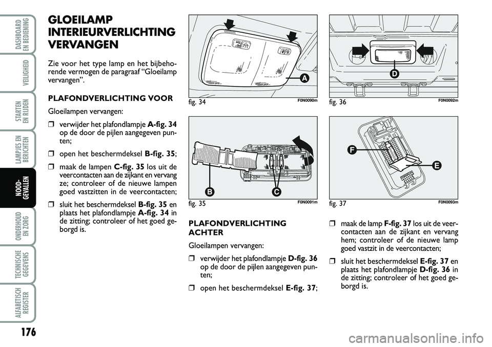 FIAT DUCATO 2007 Instructieboek (in Dutch) 176
LAMPJES EN
BERICHTEN
ONDERHOUD
EN ZORG
TECHNISCHE
GEGEVENS
ALFABETISCH
REGISTER
DASHBOARD
EN BEDIENING
VEILIGHEID
STARTEN
EN RIJDEN
NOOD-
GEVALLEN
PLAFONDVERLICHTING
ACHTER
Gloeilampen vervang FIAT DUCATO 2007 Instructieboek (in Dutch) 176
LAMPJES EN
BERICHTEN
ONDERHOUD
EN ZORG
TECHNISCHE
GEGEVENS
ALFABETISCH
REGISTER
DASHBOARD
EN BEDIENING
VEILIGHEID
STARTEN
EN RIJDEN
NOOD-
GEVALLEN
PLAFONDVERLICHTING
ACHTER
Gloeilampen vervang