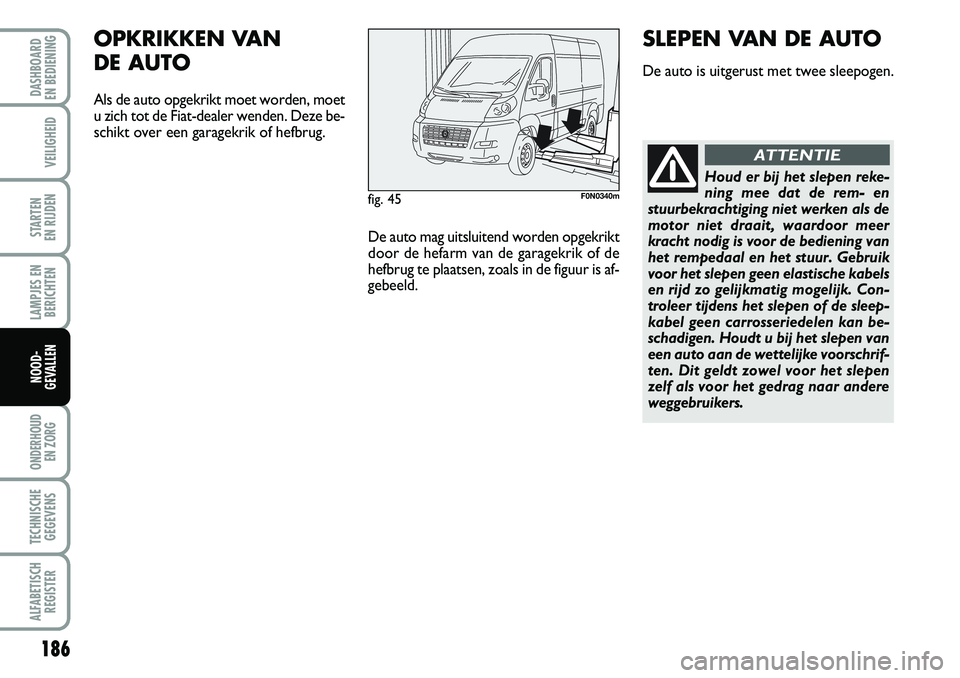 FIAT DUCATO 2007 Instructieboek (in Dutch) 186
LAMPJES EN
BERICHTEN
ONDERHOUD
EN ZORG
TECHNISCHE
GEGEVENS
ALFABETISCH
REGISTER
DASHBOARD
EN BEDIENING
VEILIGHEID
STARTEN
EN RIJDEN
NOOD-
GEVALLEN
fig. 45F0N0340m
OPKRIKKEN VAN
DE AUTO
Als de FIAT DUCATO 2007 Instructieboek (in Dutch) 186
LAMPJES EN
BERICHTEN
ONDERHOUD
EN ZORG
TECHNISCHE
GEGEVENS
ALFABETISCH
REGISTER
DASHBOARD
EN BEDIENING
VEILIGHEID
STARTEN
EN RIJDEN
NOOD-
GEVALLEN
fig. 45F0N0340m
OPKRIKKEN VAN
DE AUTO
Als de