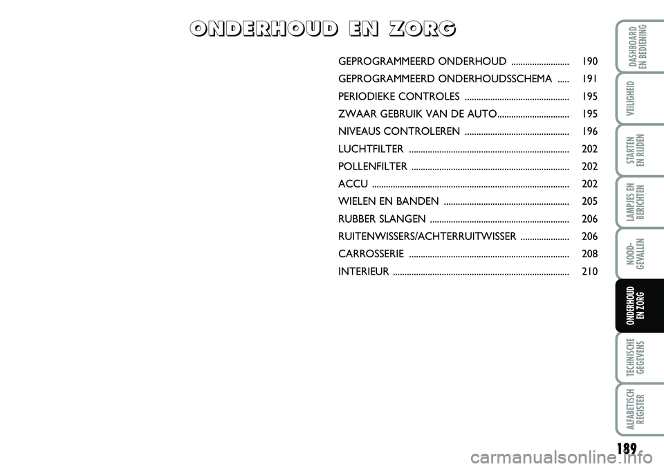 FIAT DUCATO 2007 Instructieboek (in Dutch) 189
LAMPJES EN
BERICHTEN
TECHNISCHE
GEGEVENS
ALFABETISCH
REGISTER
DASHBOARD
EN BEDIENING
VEILIGHEID
STARTEN
EN RIJDEN
NOOD-
GEVALLEN
ONDERHOUD
EN ZORG
GEPROGRAMMEERD ONDERHOUD .................... FIAT DUCATO 2007 Instructieboek (in Dutch) 189
LAMPJES EN
BERICHTEN
TECHNISCHE
GEGEVENS
ALFABETISCH
REGISTER
DASHBOARD
EN BEDIENING
VEILIGHEID
STARTEN
EN RIJDEN
NOOD-
GEVALLEN
ONDERHOUD
EN ZORG
GEPROGRAMMEERD ONDERHOUD ....................