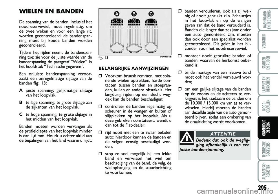 FIAT DUCATO 2007 Instructieboek (in Dutch) 205
LAMPJES EN
BERICHTEN
TECHNISCHE
GEGEVENS
ALFABETISCH
REGISTER
DASHBOARD
EN BEDIENING
VEILIGHEID
STARTEN
EN RIJDEN
NOOD-
GEVALLEN
ONDERHOUD
EN ZORG
WIELEN EN BANDEN
De spanning van de banden, in FIAT DUCATO 2007 Instructieboek (in Dutch) 205
LAMPJES EN
BERICHTEN
TECHNISCHE
GEGEVENS
ALFABETISCH
REGISTER
DASHBOARD
EN BEDIENING
VEILIGHEID
STARTEN
EN RIJDEN
NOOD-
GEVALLEN
ONDERHOUD
EN ZORG
WIELEN EN BANDEN
De spanning van de banden, in