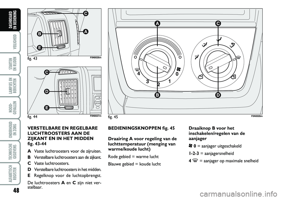 FIAT DUCATO 2007 Instructieboek (in Dutch) 48
VEILIGHEID
STARTEN
EN RIJDEN
LAMPJES EN
BERICHTEN
NOOD-
GEVALLEN
ONDERHOUD
EN ZORG
TECHNISCHE
GEGEVENS
ALFABETISCH
REGISTER
DASHBOARD
EN BEDIENING
BEDIENINGSKNOPPEN fig. 45
Draairing A voor reg FIAT DUCATO 2007 Instructieboek (in Dutch) 48
VEILIGHEID
STARTEN
EN RIJDEN
LAMPJES EN
BERICHTEN
NOOD-
GEVALLEN
ONDERHOUD
EN ZORG
TECHNISCHE
GEGEVENS
ALFABETISCH
REGISTER
DASHBOARD
EN BEDIENING
BEDIENINGSKNOPPEN fig. 45
Draairing A voor reg