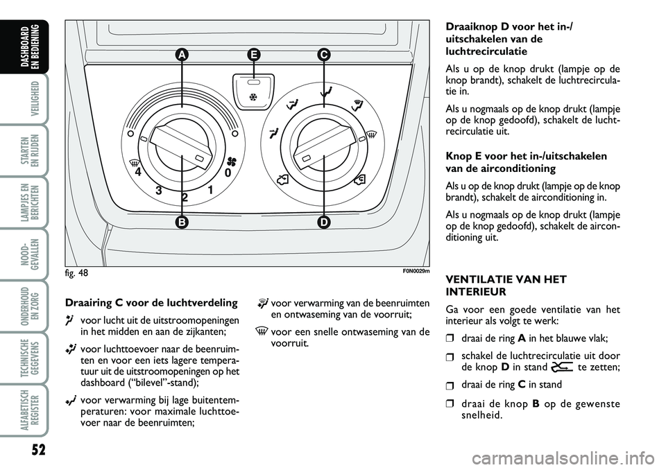 FIAT DUCATO 2007  Instructieboek (in Dutch) 52
VEILIGHEID
STARTEN 
EN RIJDEN
LAMPJES EN
BERICHTEN
NOOD-
GEVALLEN
ONDERHOUD 
EN ZORG
TECHNISCHE
GEGEVENS
ALFABETISCH
REGISTER
DASHBOARD 
EN BEDIENING 
Draairing C voor de luchtverdeling
¶voor luch